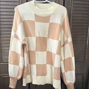 Checkerboard Crewneck Sweater in Cream and Peach
